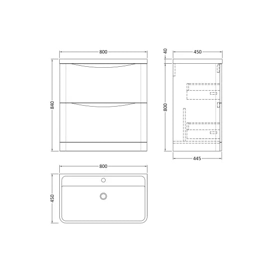 Lunar Satin White 800mm Floor Standing 2 Drawer Vanity & Polymarble Basin