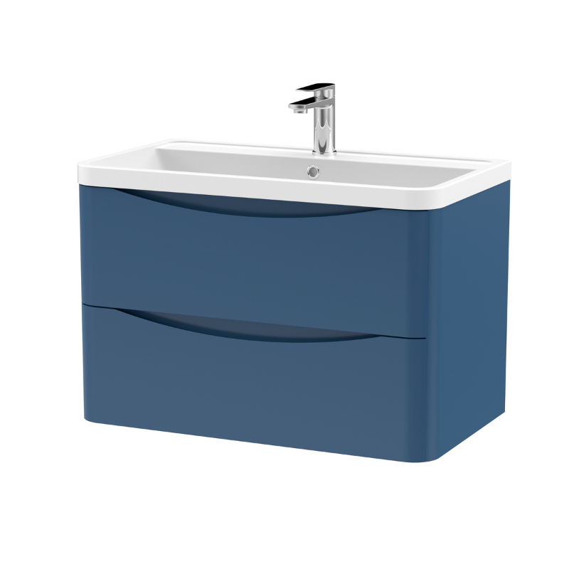 Lunar Satin Blue 800mm Wall Hung 2 Drawer Vanity & Polymarble Basin