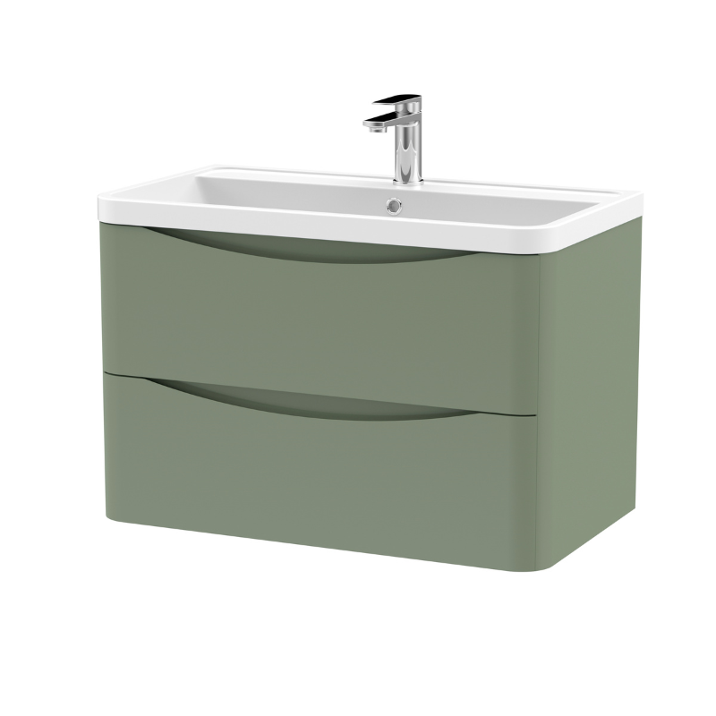 Lunar Satin Green 800mm Wall Hung 2 Drawer Vanity & Polymarble Basin