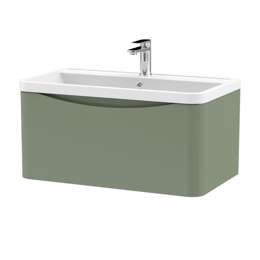 Lunar Satin Green 800mm Wall Hung 1 Drawer Vanity & Polymarble Basin