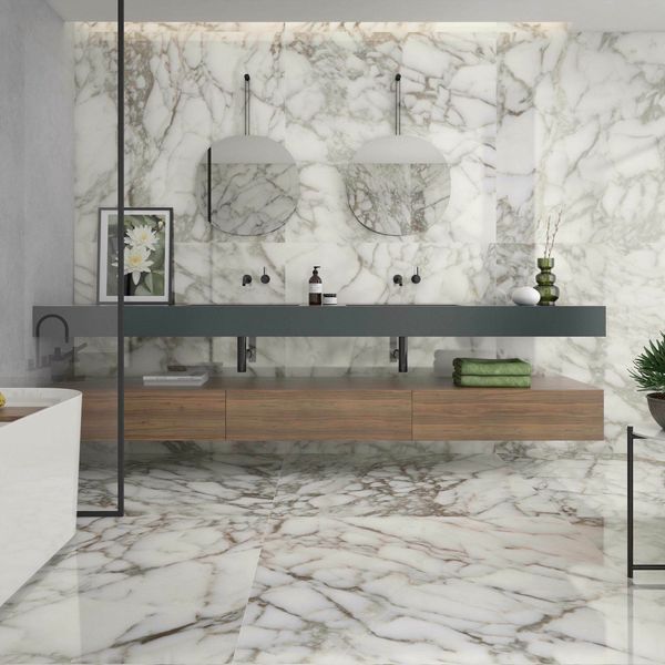 Lux Glass Rain Arabescato Pearl Marble Effect Tiles 1200x600mm