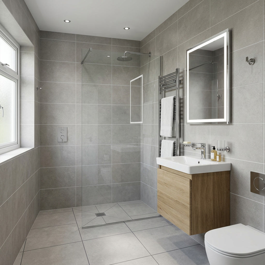 Modern bathroom with gray tiled walls, wooden vanity, and white fixtures.