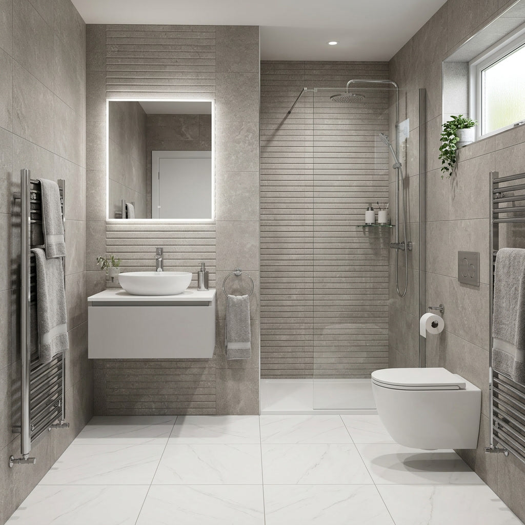 Modern bathroom with tiled walls, a sink, and toilet.