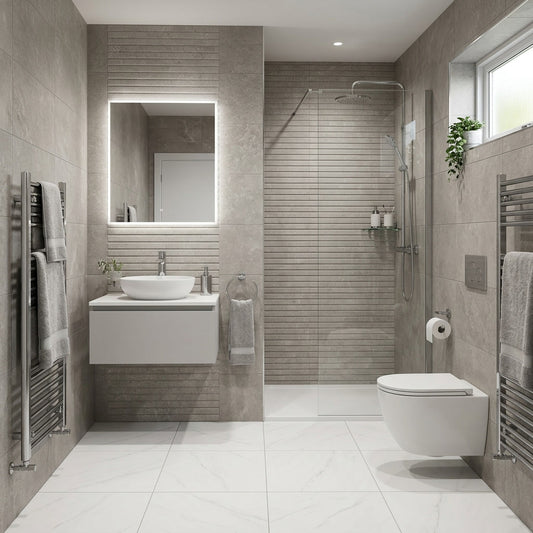 Modern bathroom with tiled walls, a sink, and toilet.