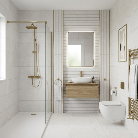 Modern bathroom with shower, sink, and toilet