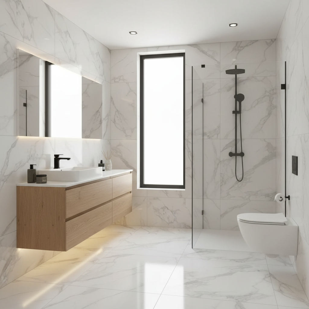 Modern bathroom interior with white marble-look tiles, a floating wood vanity with a white sink, a wall-mounted toilet, a glass shower enclosure, and a tall window.