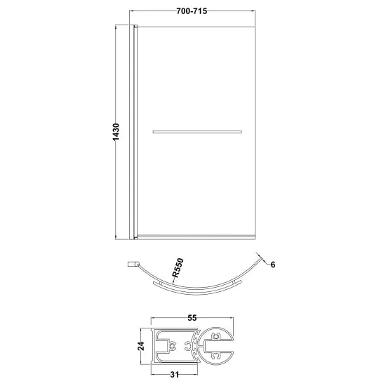 Nuie Curved P-Bath Screen with Rail