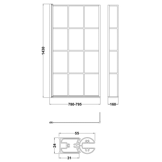 Nuie Square Black Framed Bath Screen With Fixed Return