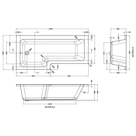 Nuie 1800mm Left Hand Square Shower Bath