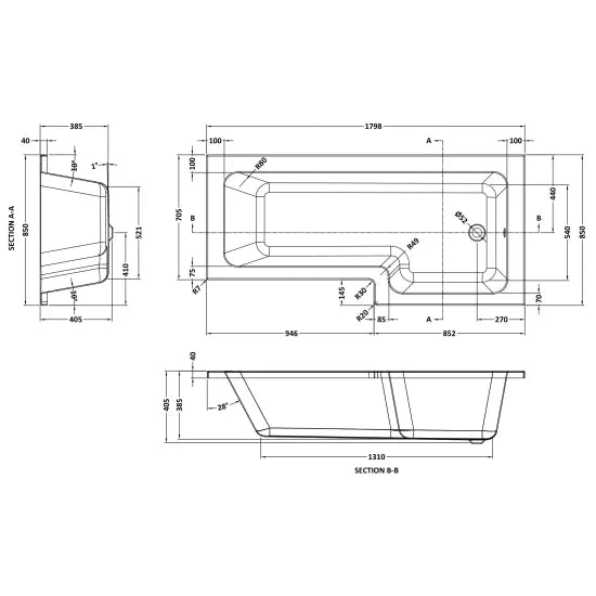 Nuie 1800mm Right Hand Square Shower Bath