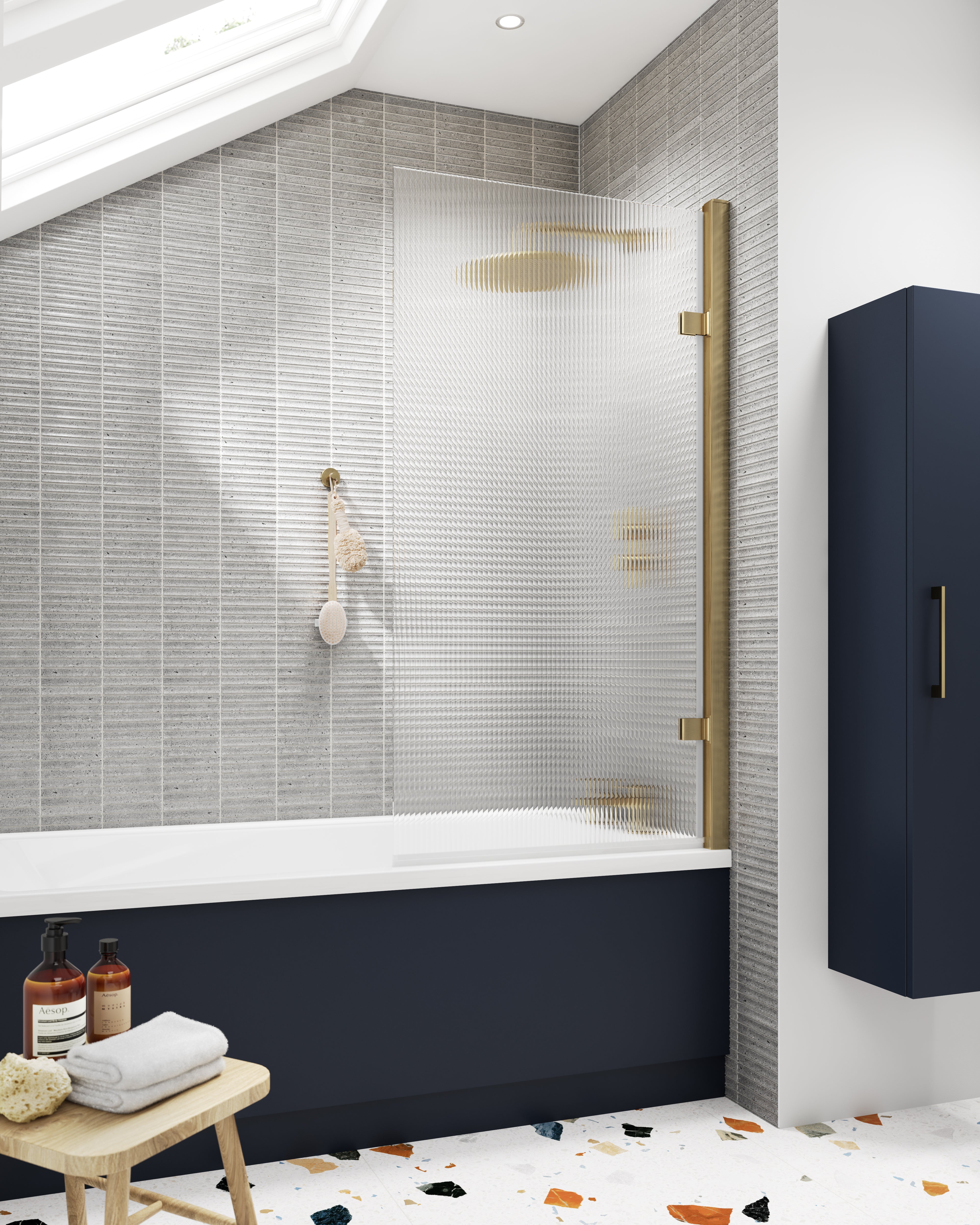 Nuie Square Hinged Fluted Bath Screen - 8mm Brushes Brass