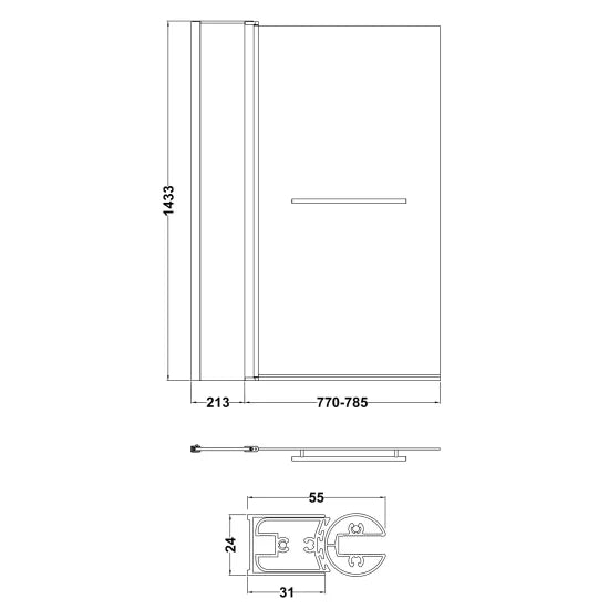 Nuie Square Bath Screen With Fixed Panel & Rail