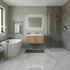 Modern bathroom with freestanding bathtub, oak wall hung vanity unit, and shower area.