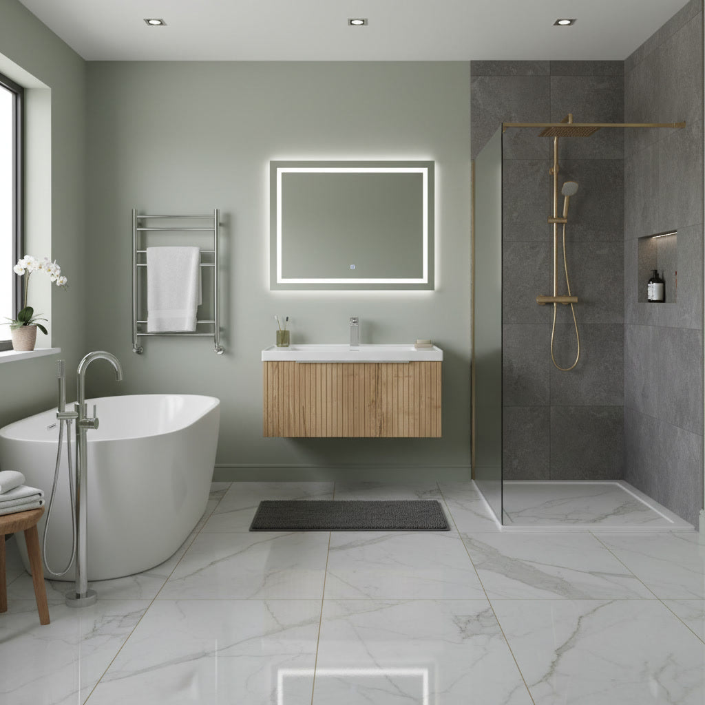 Modern bathroom with freestanding bathtub, oak wall hung vanity unit, and shower area.