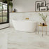 Modern bathroom with a freestanding bathtub, gold faucet, and decorative elements.