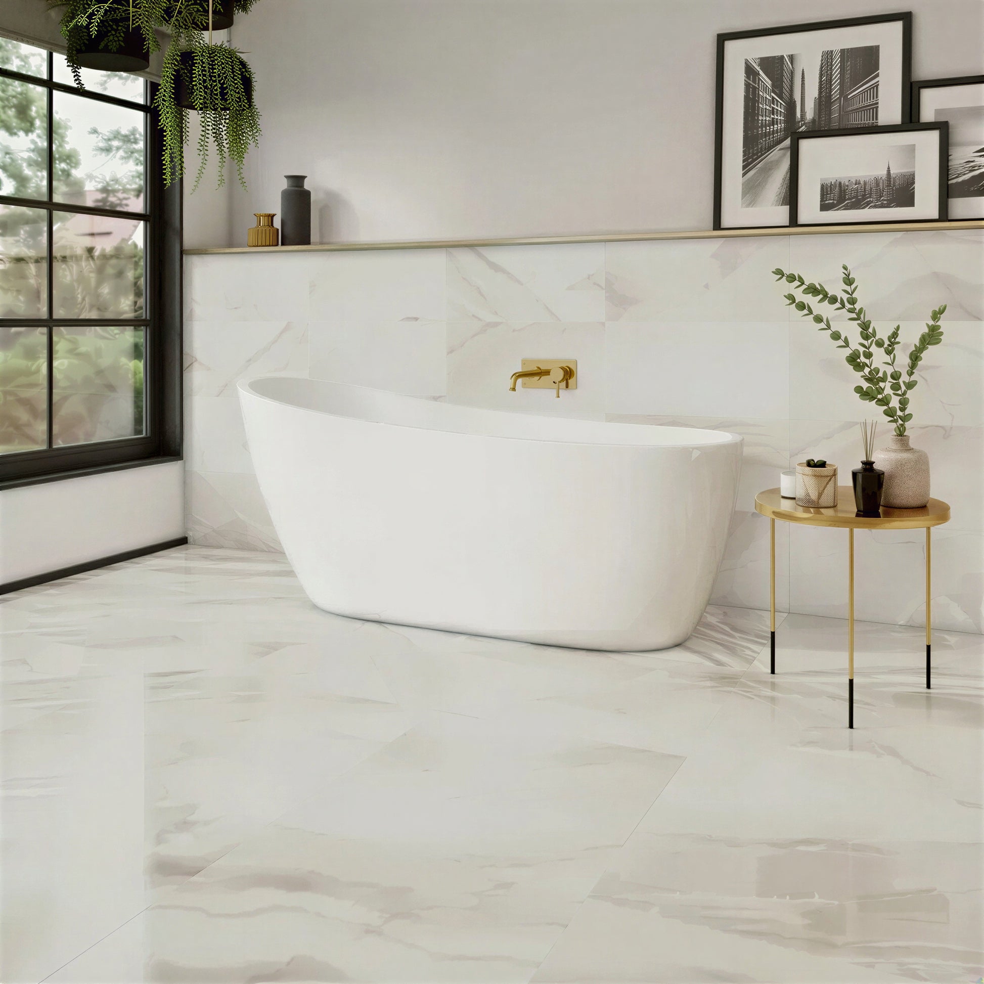Modern bathroom with a freestanding bathtub, gold faucet, and decorative elements.