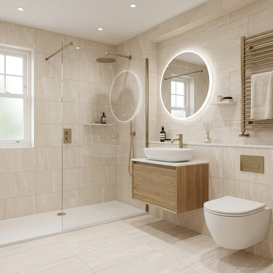 Modern bathroom with tiled walls, wooden vanity, and round mirrors.