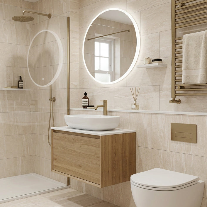 Modern bathroom with wooden vanity, round mirror, and toilet.