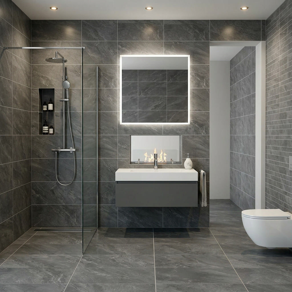 Modern bathroom with gray tiles, a shower, sink, and toilet.