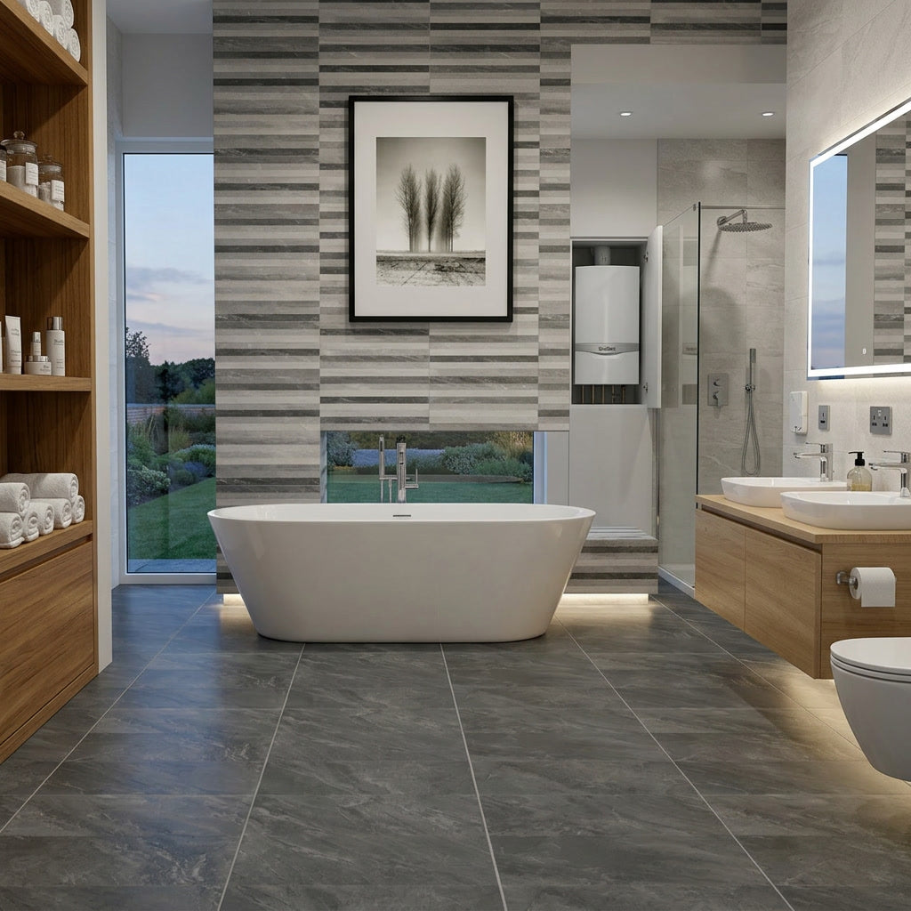 Modern bathroom with freestanding bathtub, wooden shelves, and a view of greenery outside.