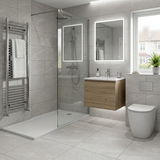 Modern bathroom with shower, sink, and toilet