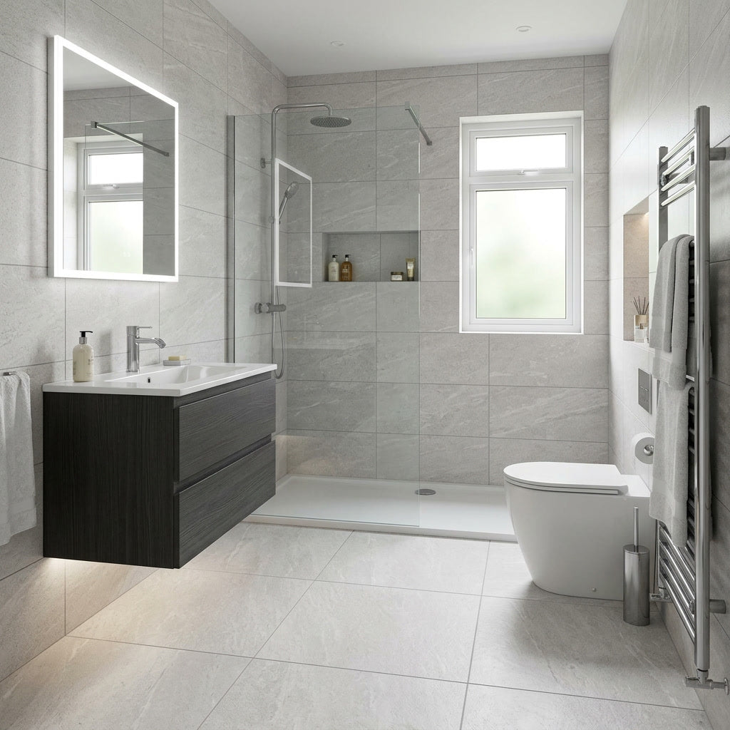 Modern bathroom with gray tiles, a black vanity, and a shower area.