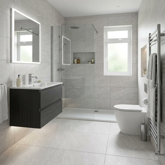 Modern bathroom with gray tiles, a black vanity, and a shower area.