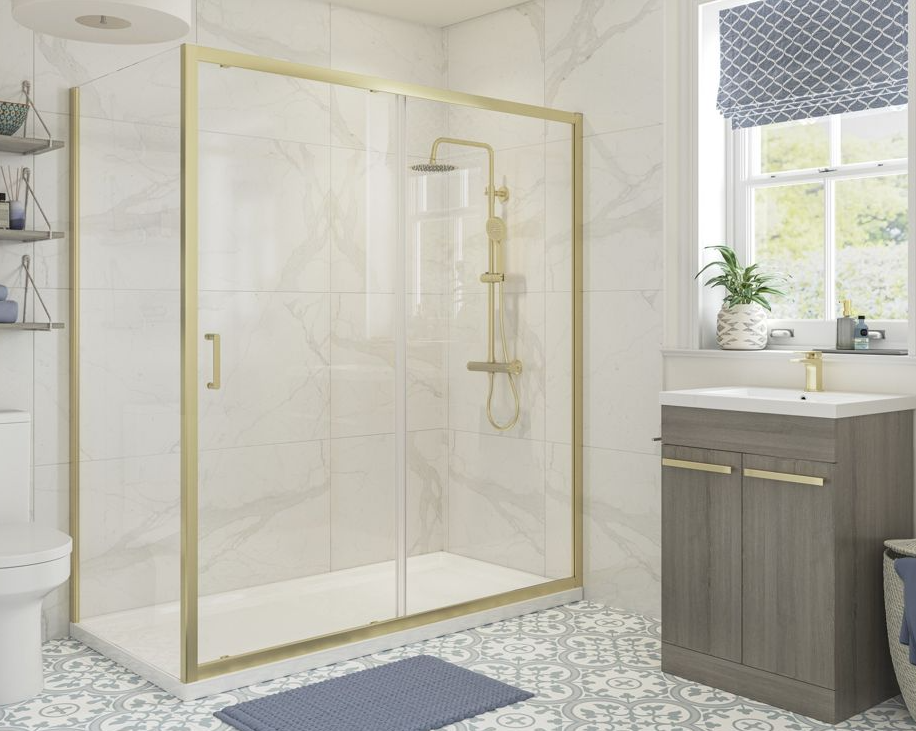 Aria 1200mm Brushed Brass Sliding Shower Door & 900mm Side Panel