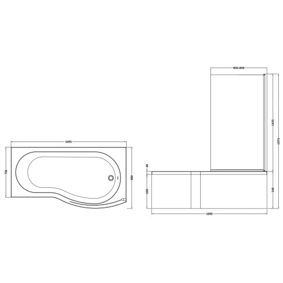 Nuie 1700mm B Shaped Right Hand Bath Set