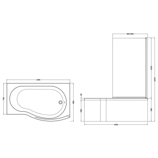 Nuie 1500mm B Shaped Right Hand Bath Set