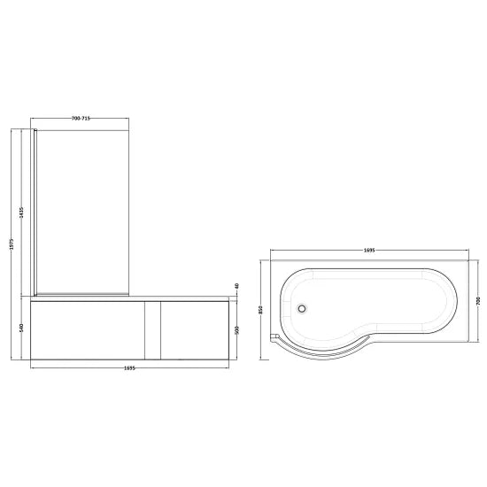 Nuie 1700mm Left Hand P-Shaped Bath Set