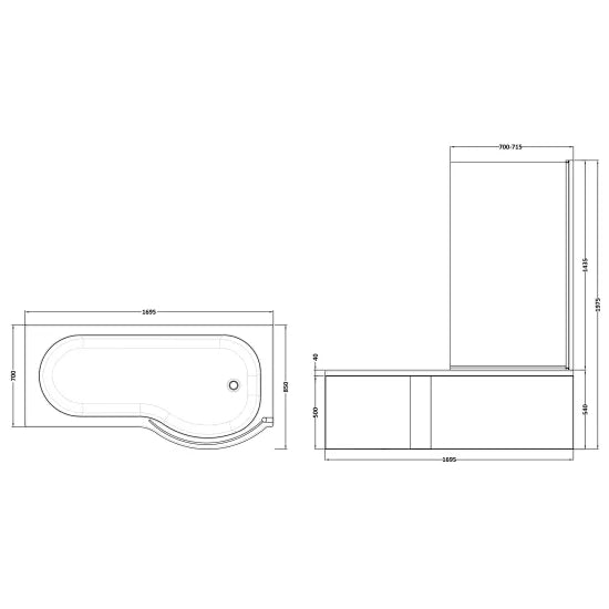 Nuie 1700mm Right Hand P-Shaped Bath Set