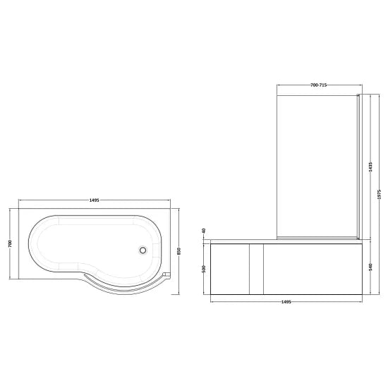 Nuie 1500mm Right Hand P-Shaped Bath Set