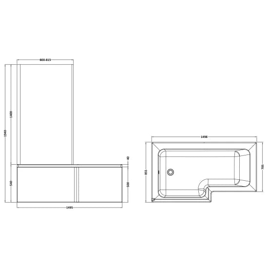 Nuie 1500mm Left Hand Square Shower Bath Set