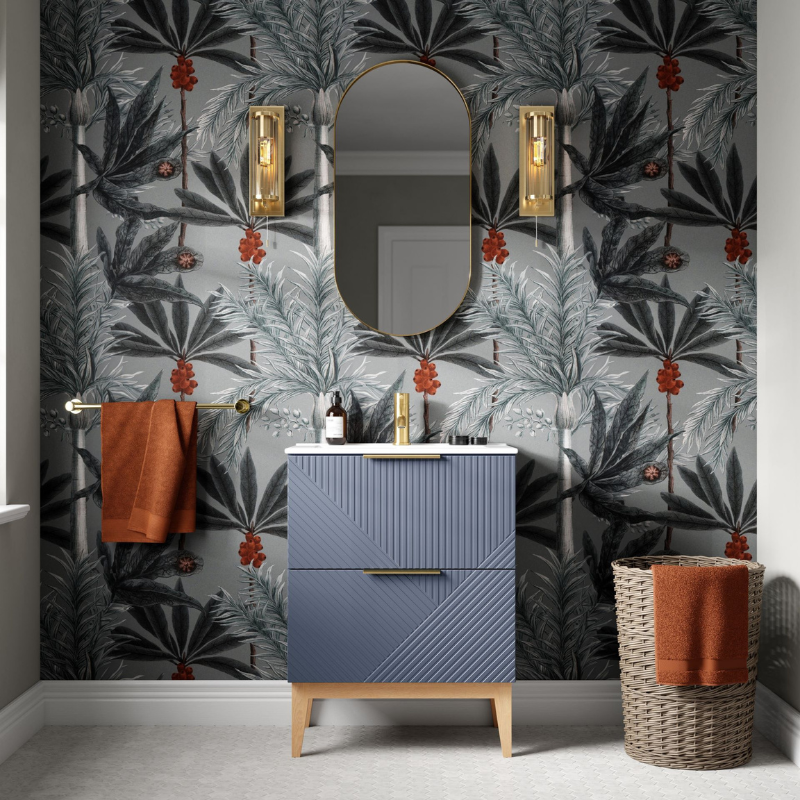 Skanda 615mm Basin Unit & Basin - Matt Smoke Blue with Gold Handles