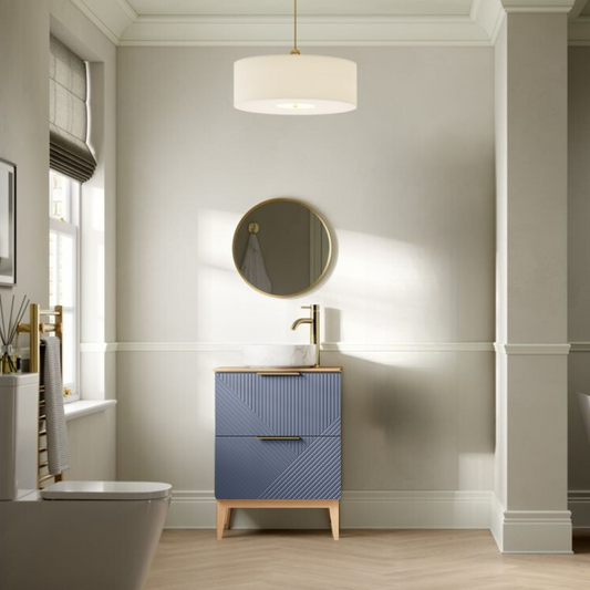 skanda 610mm floor standing basin unit maple oak effect worktop matt smoke blue with gold handles, Alessio, Sink Vanity Unit, Basin Unit, 1