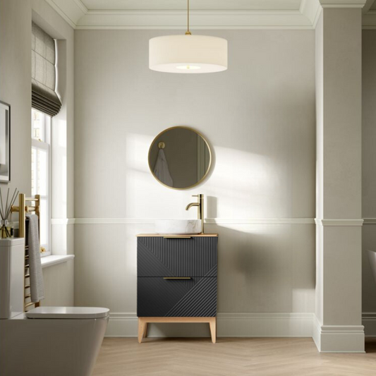 skanda 610mm floor standing basin unit maple oak effect worktop matt graphite grey with gold handles, Alessio, Sink Vanity Unit, Basin Unit, 1