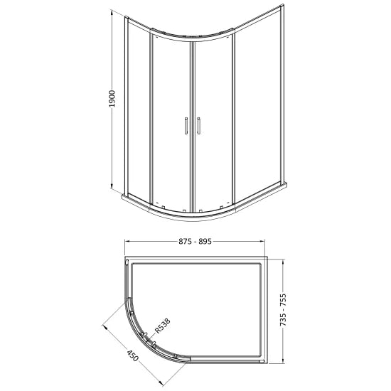 Nuie 1900 x 900 x 760mm Offset Quandrant Shower Enclosure