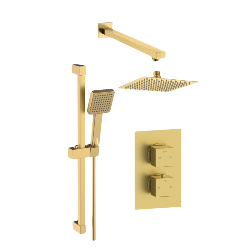 Square Two Outlet Shower Valve with Riser & Overhead Kit - Brushed Brass