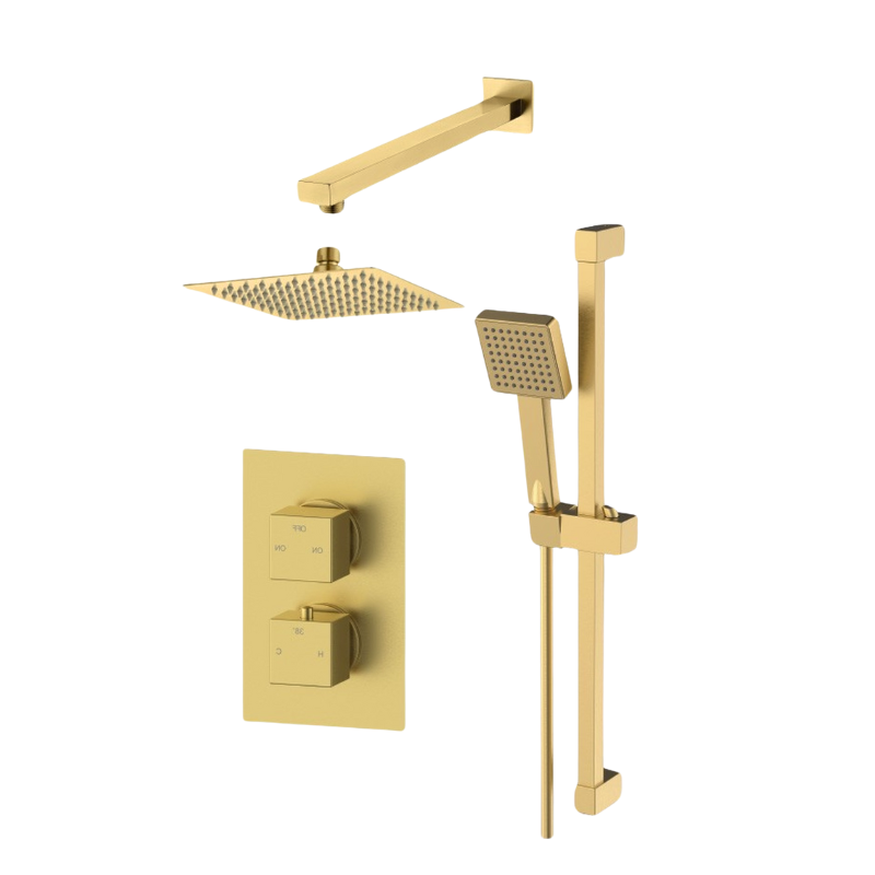 Square Two Outlet Shower Valve with Riser & Overhead Kit - Brushed Brass