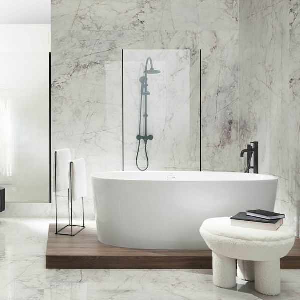 Balance stone polished marble-effect tiles, 1200x600mm, suitable for floors, walls, porcelain surfaces, and available in a sleek white finish. 