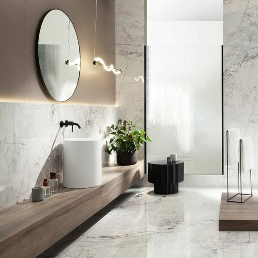 Balance stone polished marble-effect tiles, 1200x600mm, suitable for floors, walls, porcelain surfaces, and available in classic white.