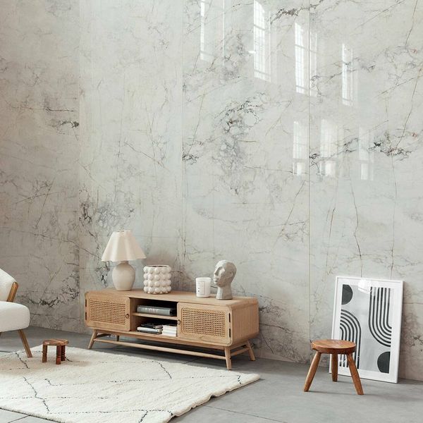 Balance Stone polished marble-effect tiles, 1200x600mm, suitable for floors, walls, porcelain surfaces, and available in a classic white finish.