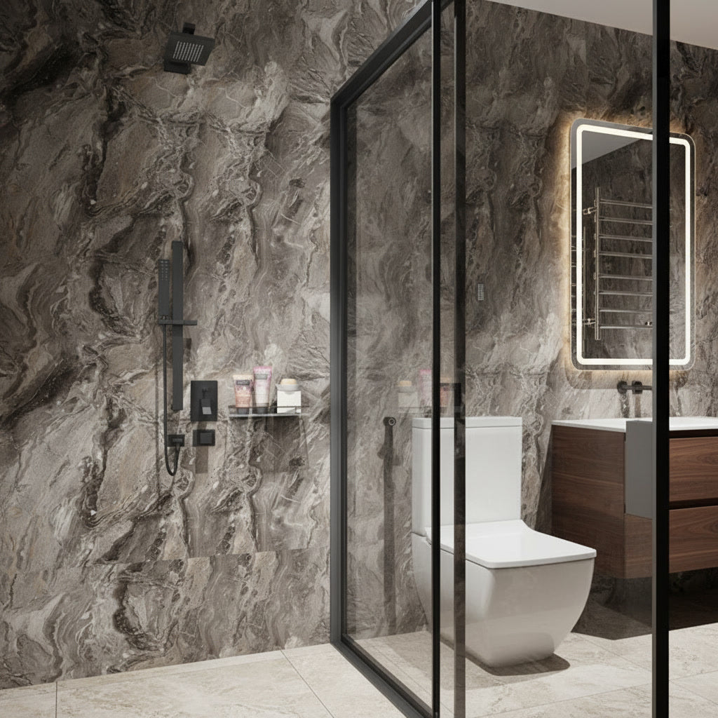 Modern bathroom with stone walls, glass shower enclosure, and wooden vanity.