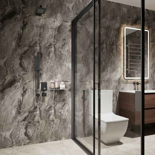 Modern bathroom with stone walls, glass shower enclosure, and wooden vanity.