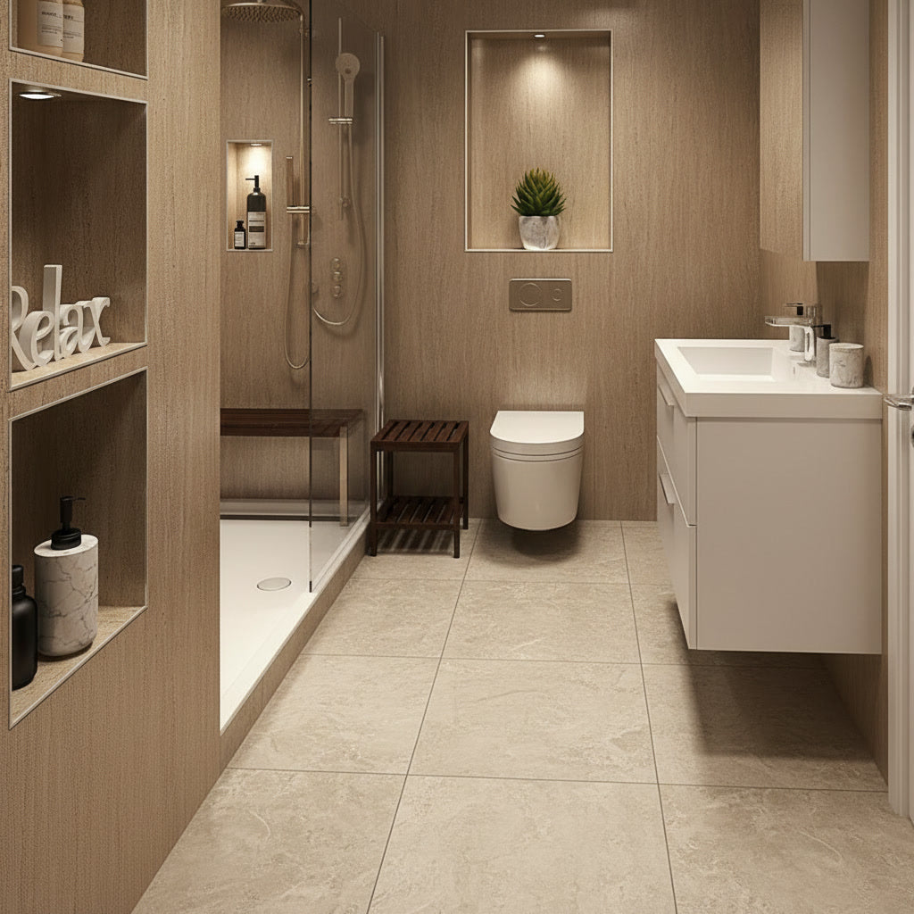 Modern bathroom with shower, toilet, and sink area.