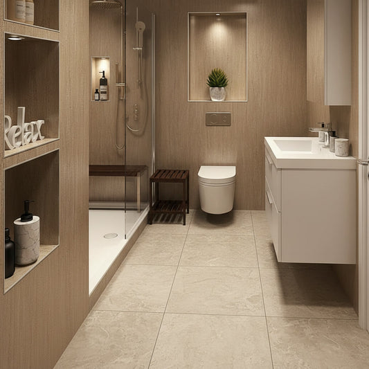 Modern bathroom with shower, toilet, and sink area.