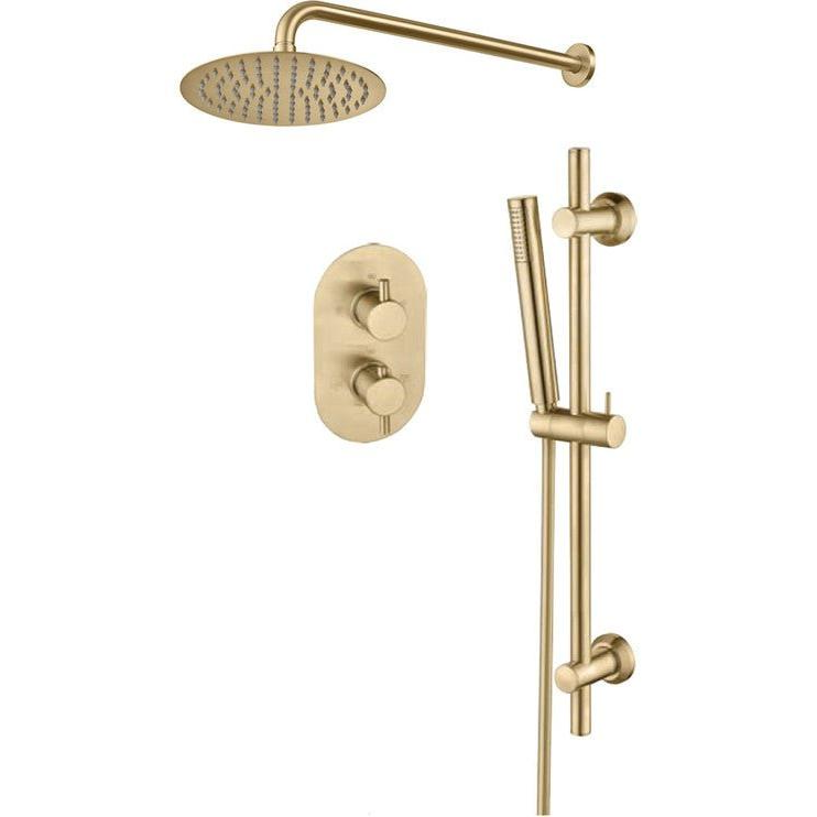 Round Two Outlet Shower Valve with Riser & Overhead Kit - Brushed Brass