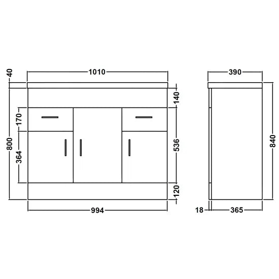 Nuie Eden 1000mm Floor Standing Cabinet & Mid-Edge Basin