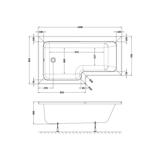 Nuie 1500mm Left Hand Square Shower Bath